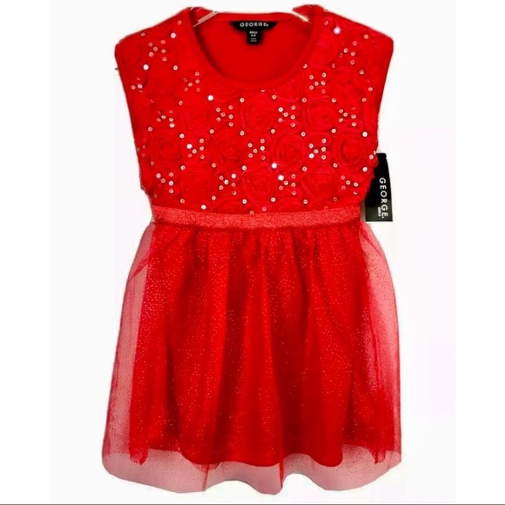 Flower Girl Party Sparkly Dress 4 - 5 XS Red Lined Tulle Flowers Toddler NWT